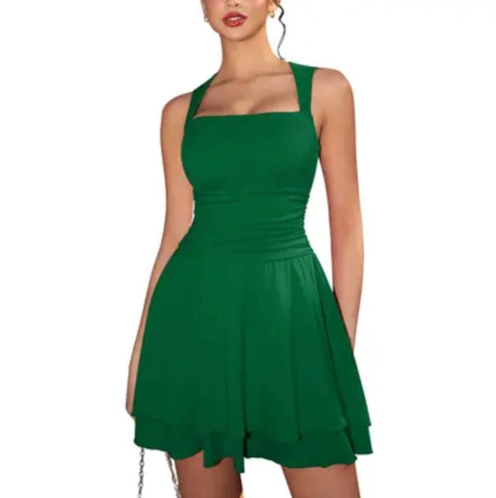 Square Neck Ruffle Hem Mini Dress Green M Ruched Waist Sleeveless Fit and Flare